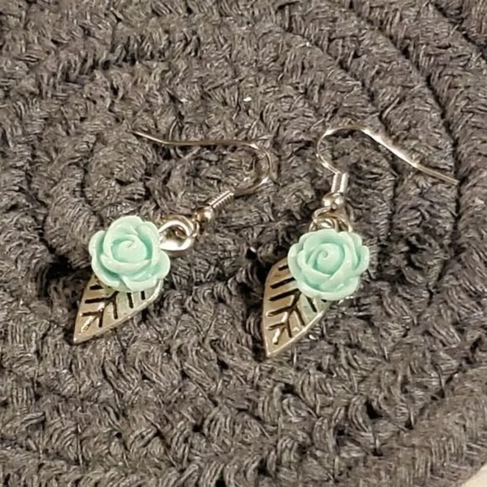 Hand Crafted Antique Silver Leaf Light Aqua Blue Lucite Rose Dangle Earrings